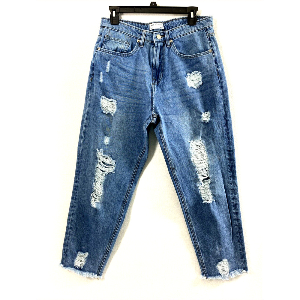 Muselook Relaxed Mom Jeans Junior 13 Hi Rise Destroyed Denim Raw Hem Medium Wash - Picture 1 of 10